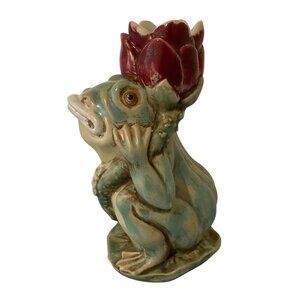 Majolica Chinese Frog Holding Lotus Flower Figurine Candle Holder